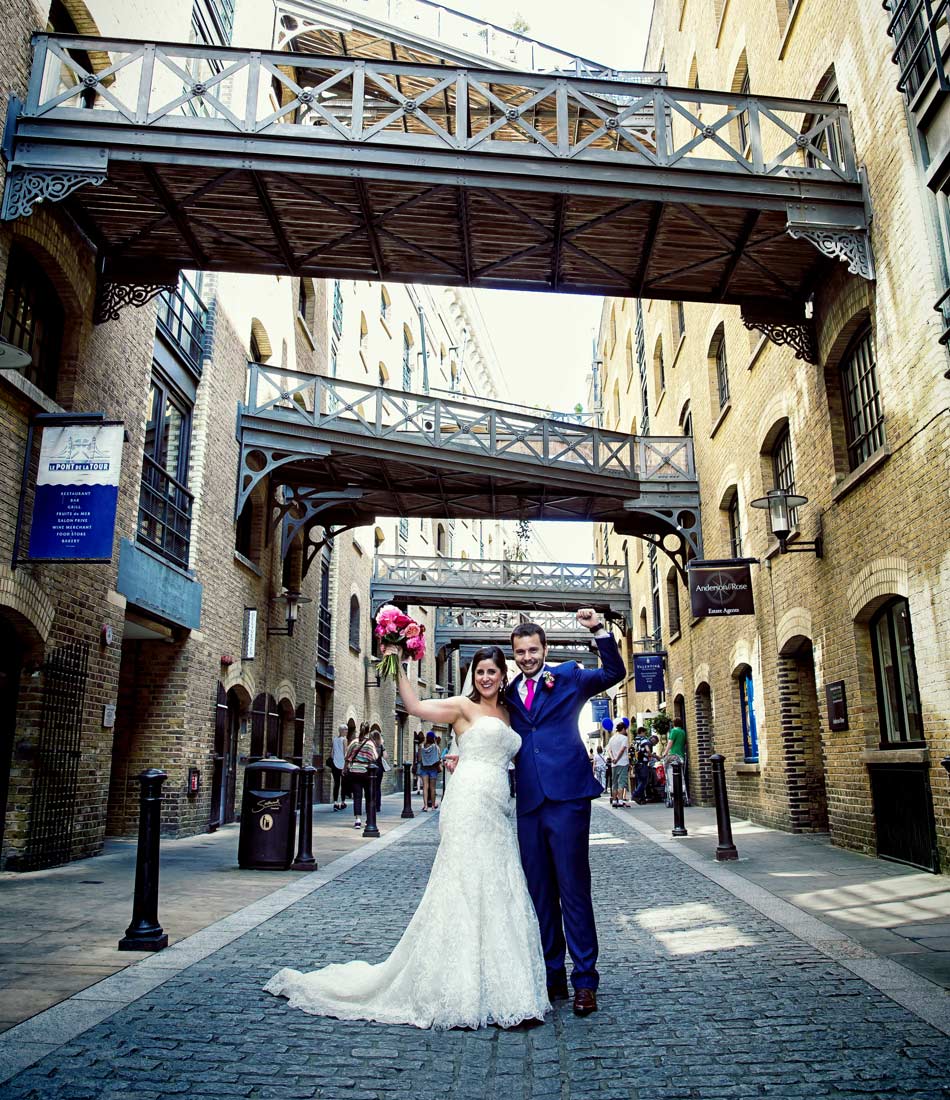 Happy couple at Butlers Wharf Tower Bridge
