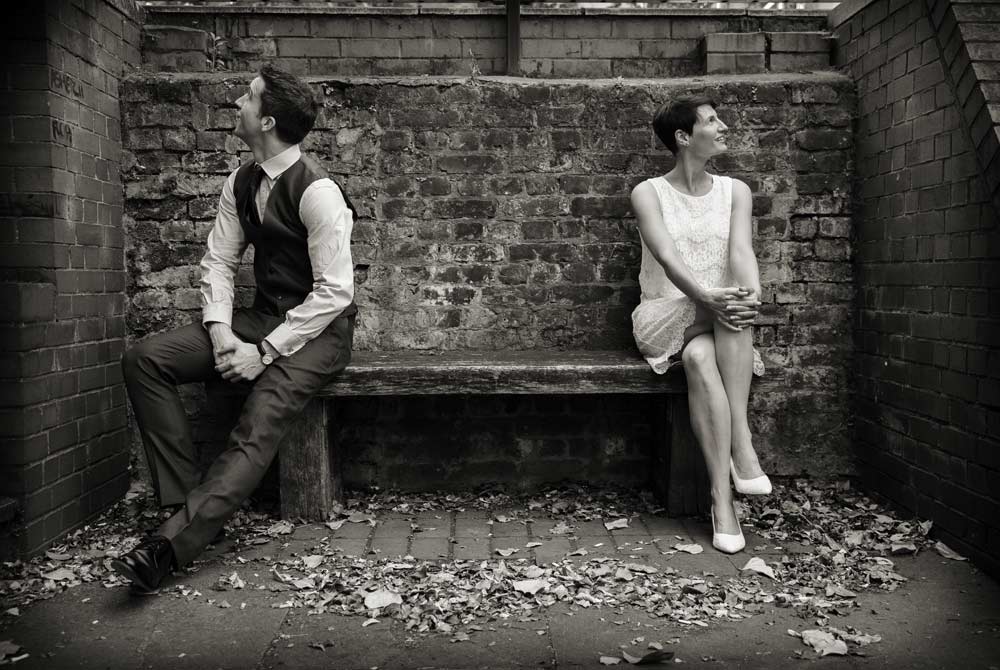 wedding couple on Aldgate bench 2