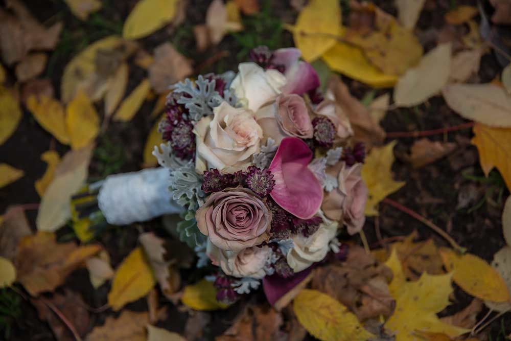 photo of Islington wedding bouquet on autumn leaves