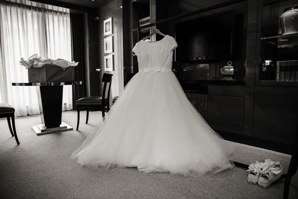 wedding dress hanging at Four Seasons Hotel London