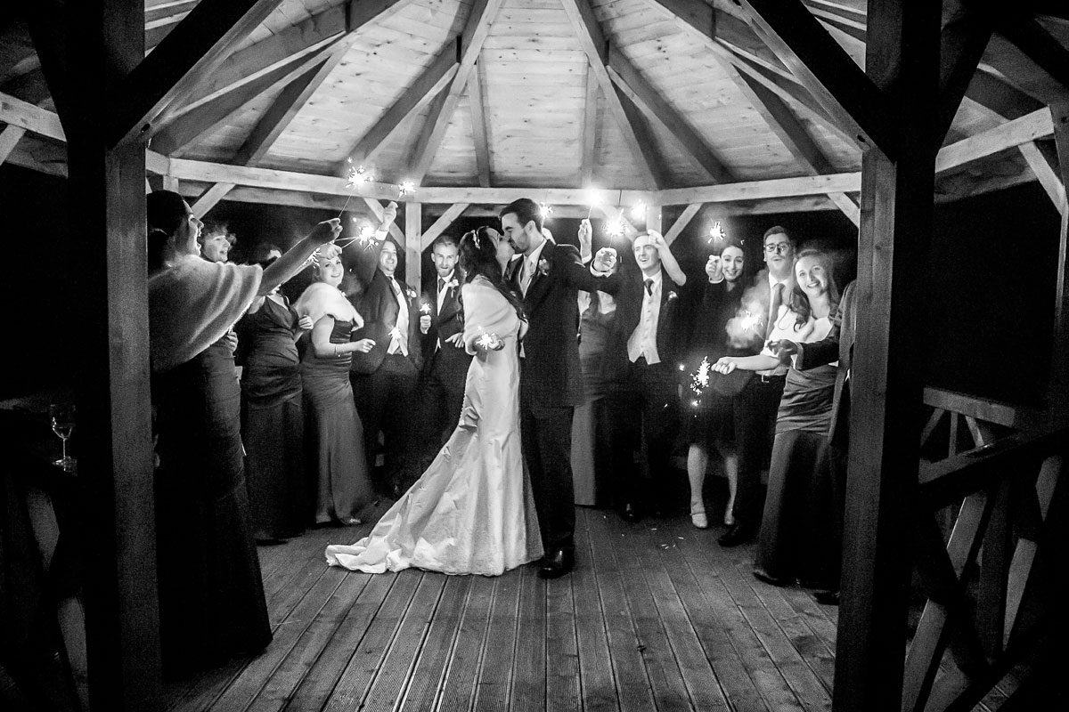 Sparklers in the pavilion at night Grovefield House wedding