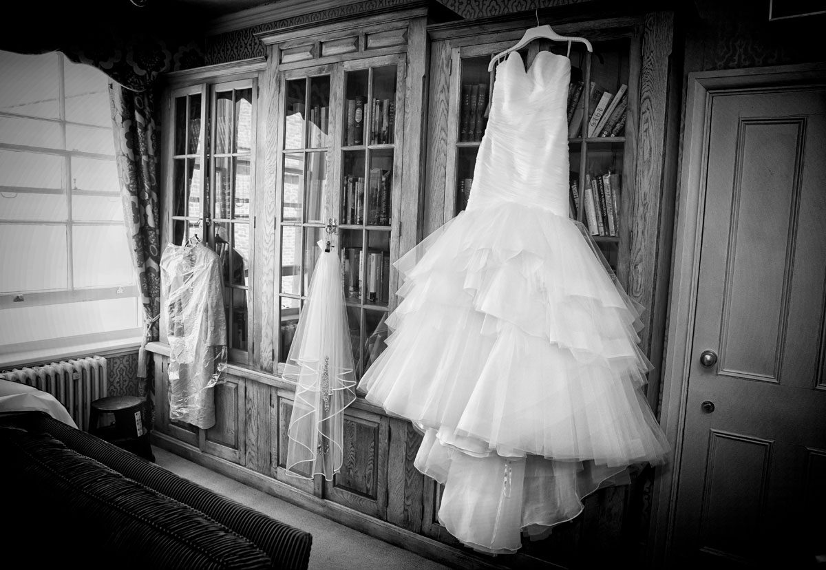 Wedding dress hanging up in the Honourable Artillery Company HAC building