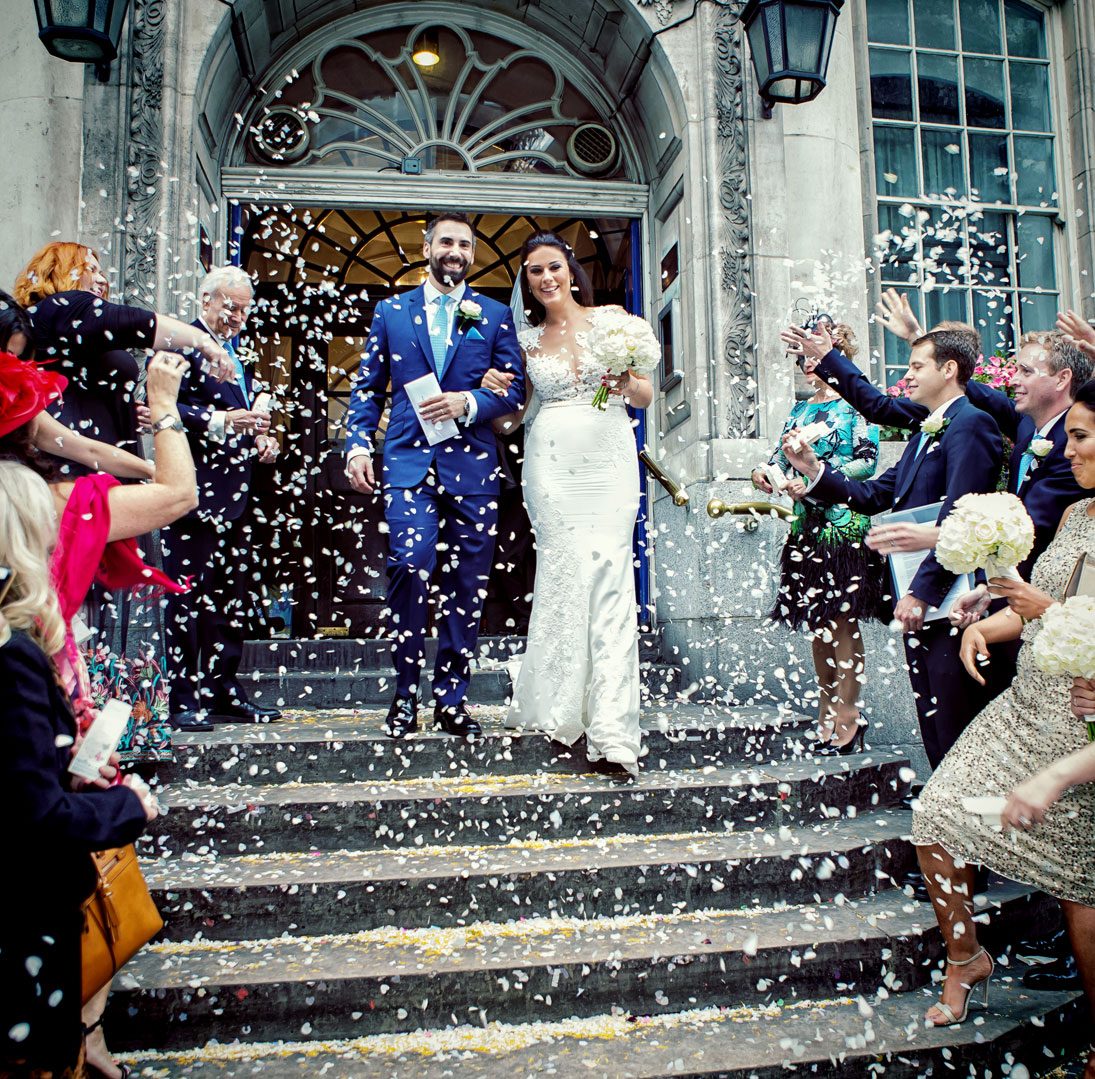 Confetti throwing at Chelsea Old Town Hall wedding