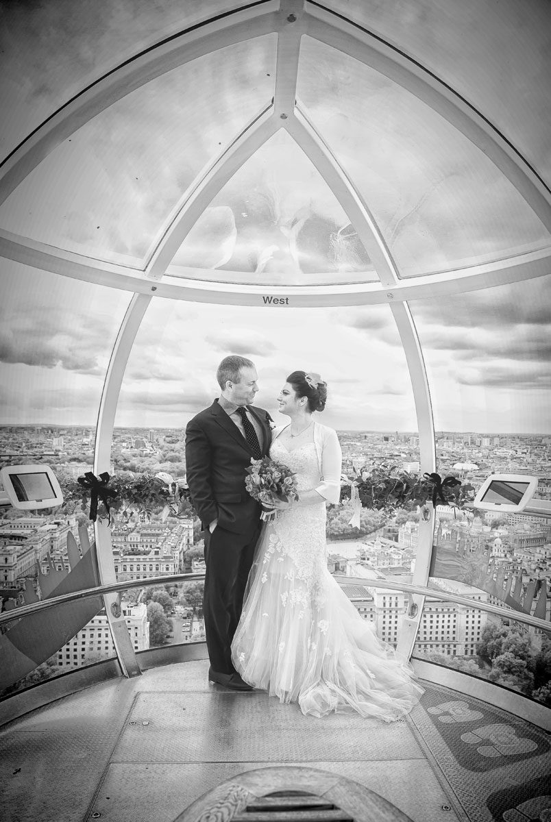 Bride and groom at London Eye wedding