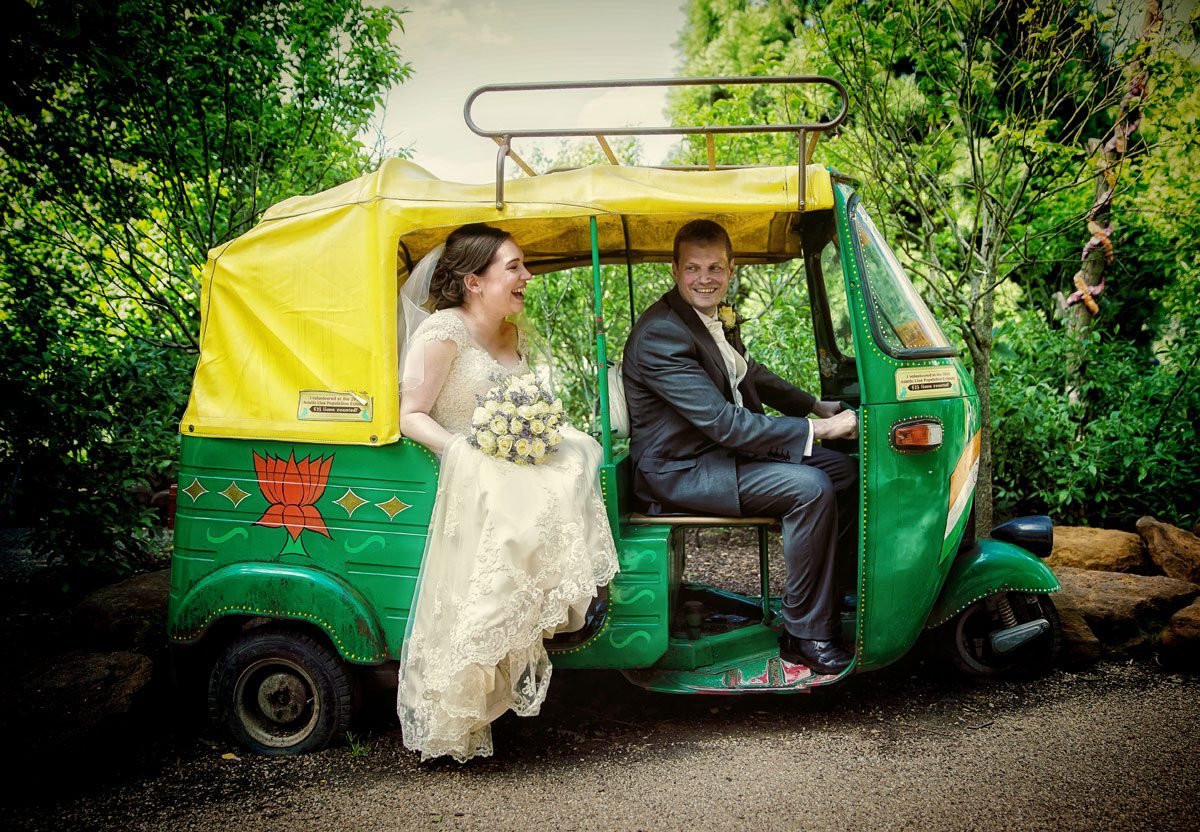 London Zoo wedding couple in mini van