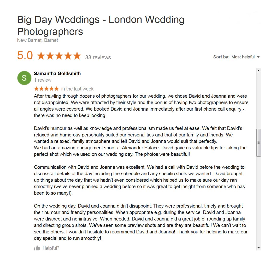Google review for Big Day Weddings screen grab