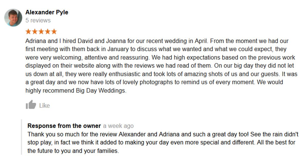 Big Day Weddings google review number 36