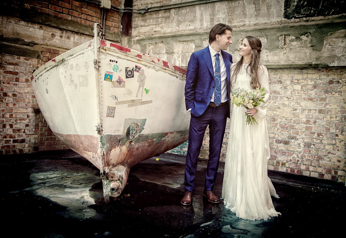 London wedding couple by boat art in Southbank