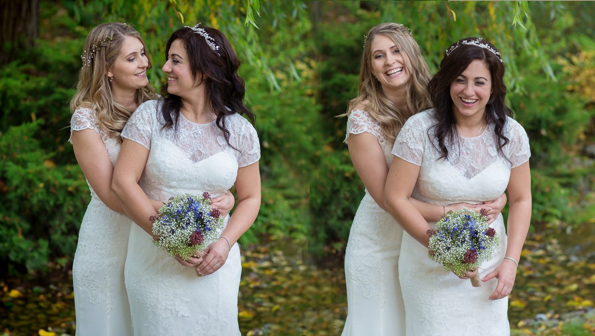Two brides having fun on their London gay wedding day