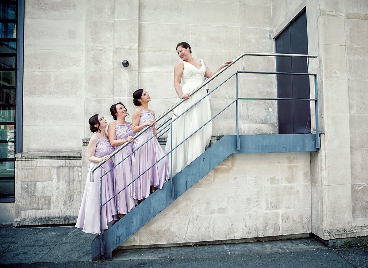 Bride and bridesmaids outside Eight Club Shoreditch wedding