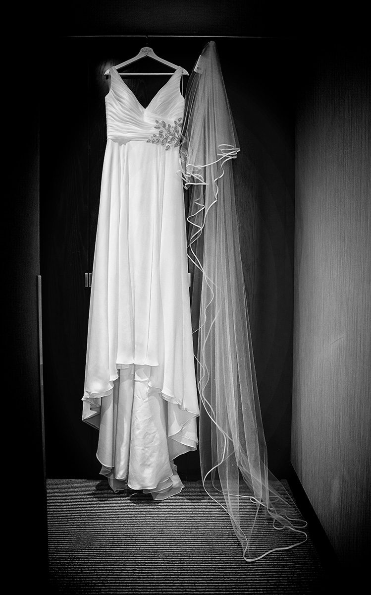 Wedding dress hanging at Montcalm Hotel in London