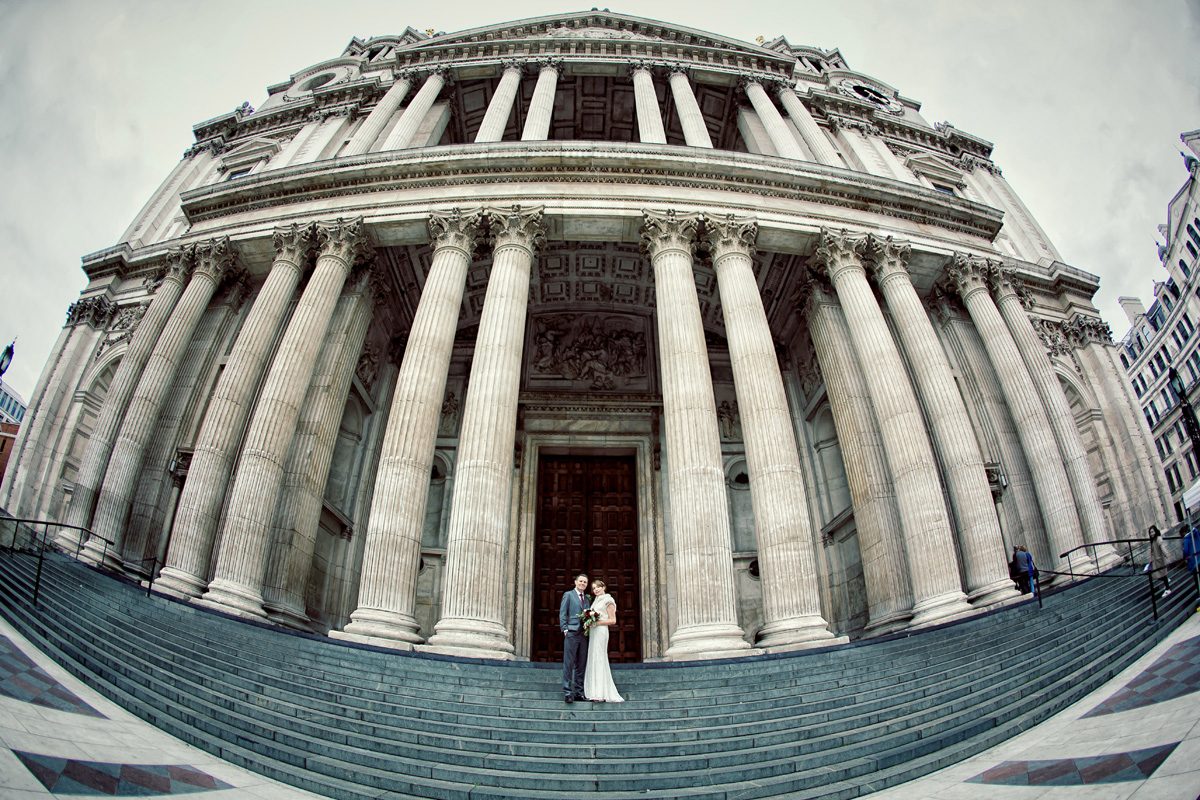 Bride and groom at St Pauls Cathedral fisheye lens