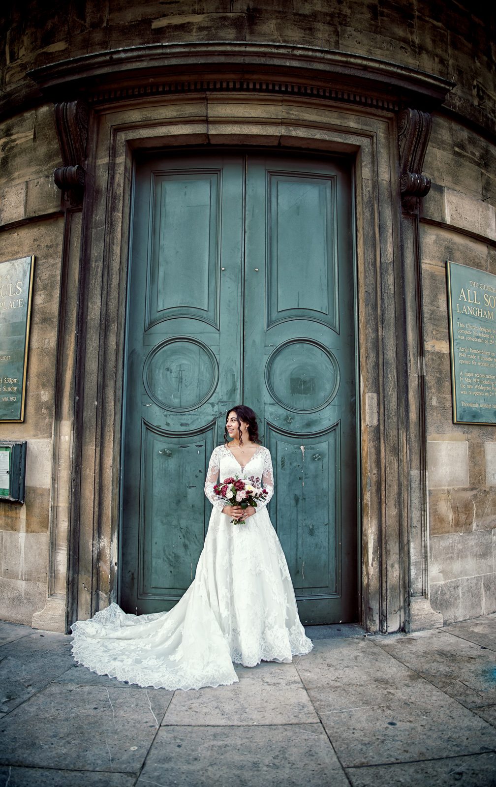 Bride outside All Souls London for her wedding day