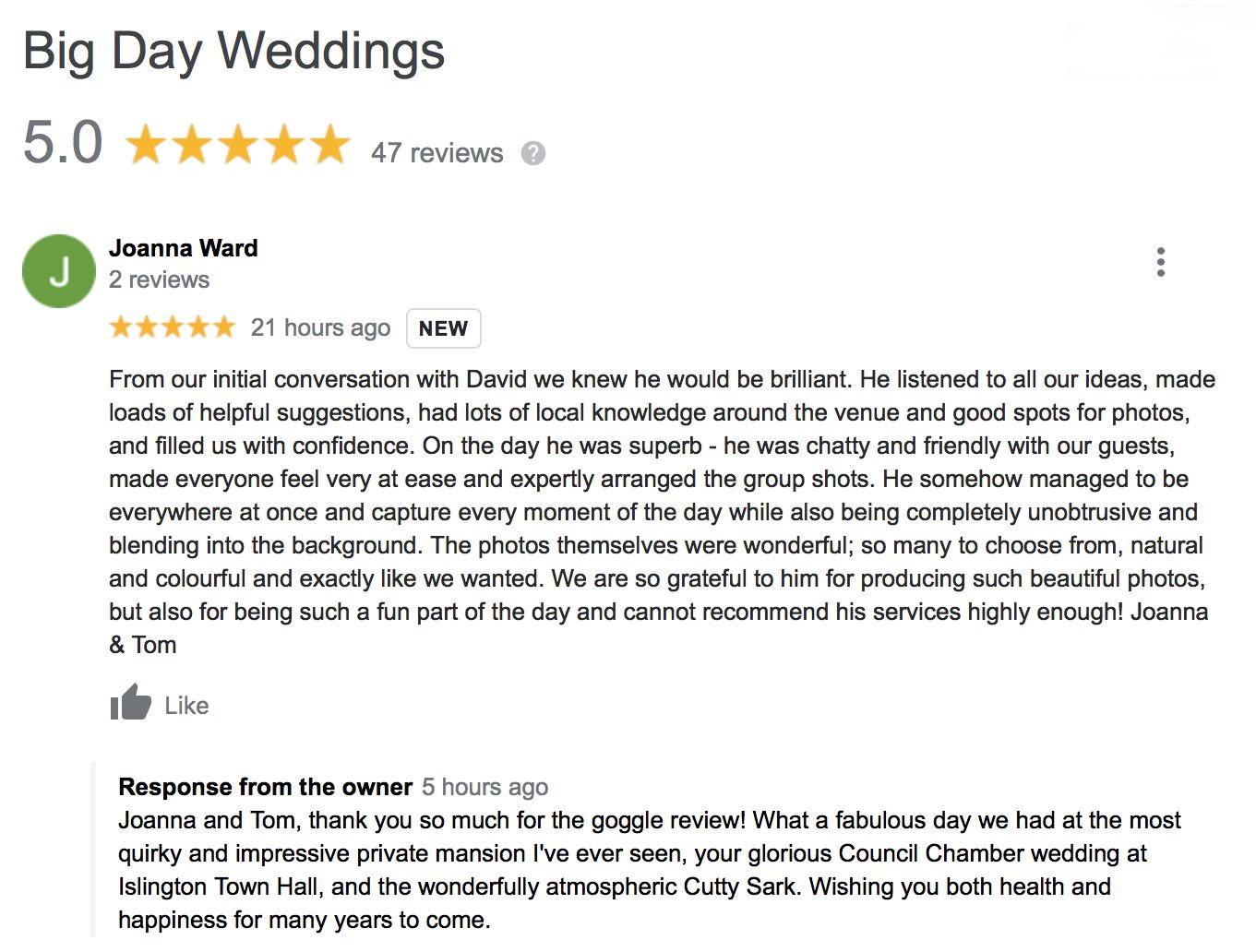 Google review for Big Day Weddings London