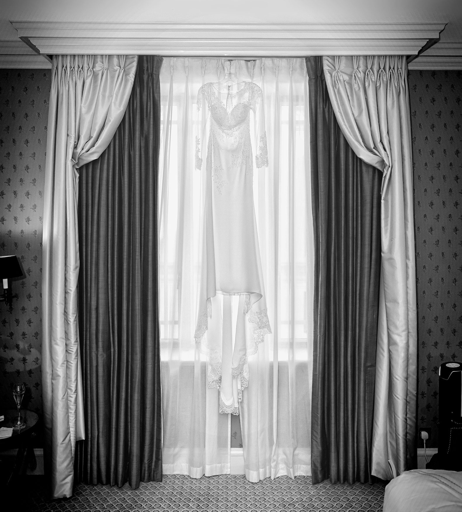 Wedding dress hanging The Dorchester Hotel London 