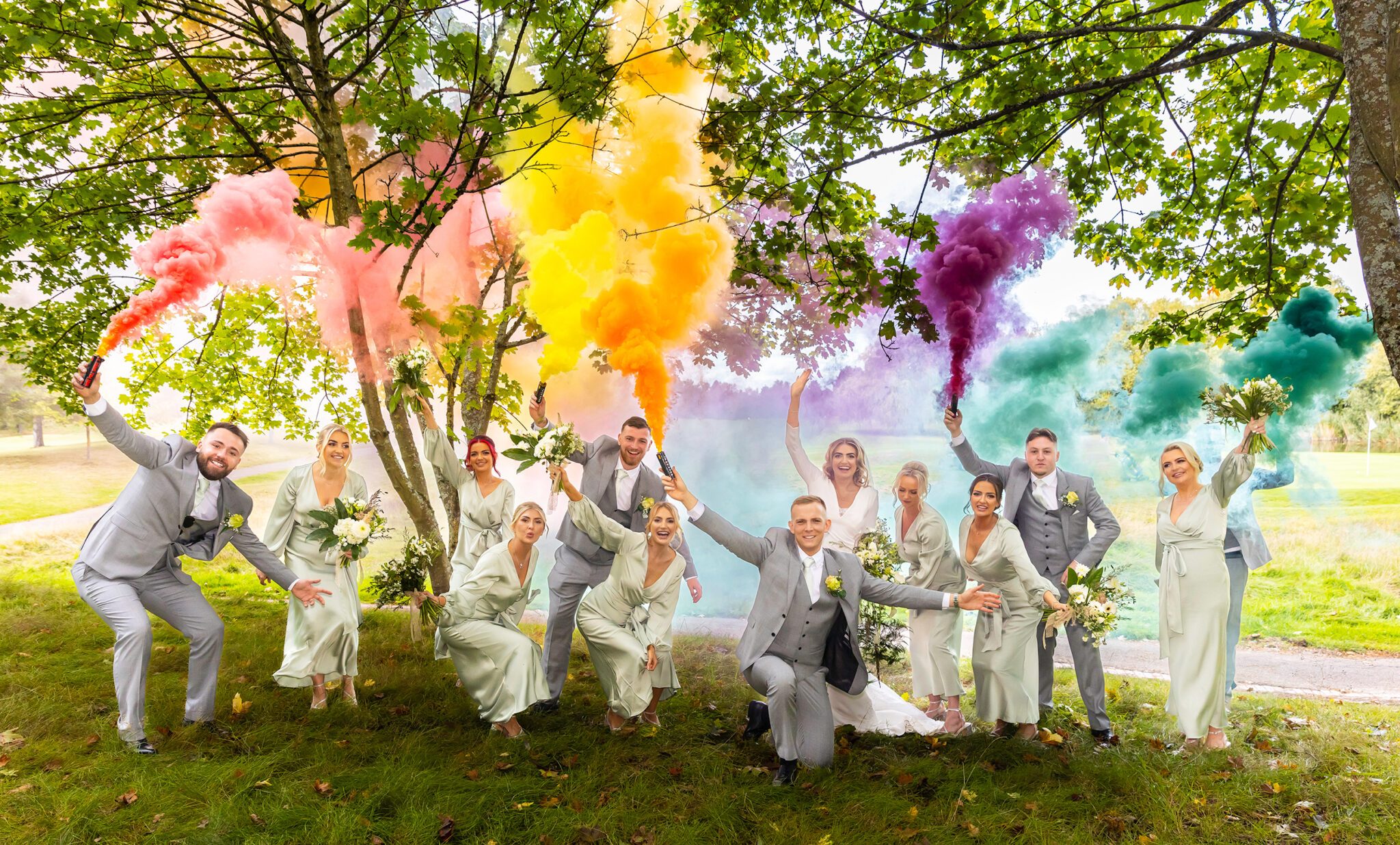 Wedding party with smoke bombs at Essendon Country Club