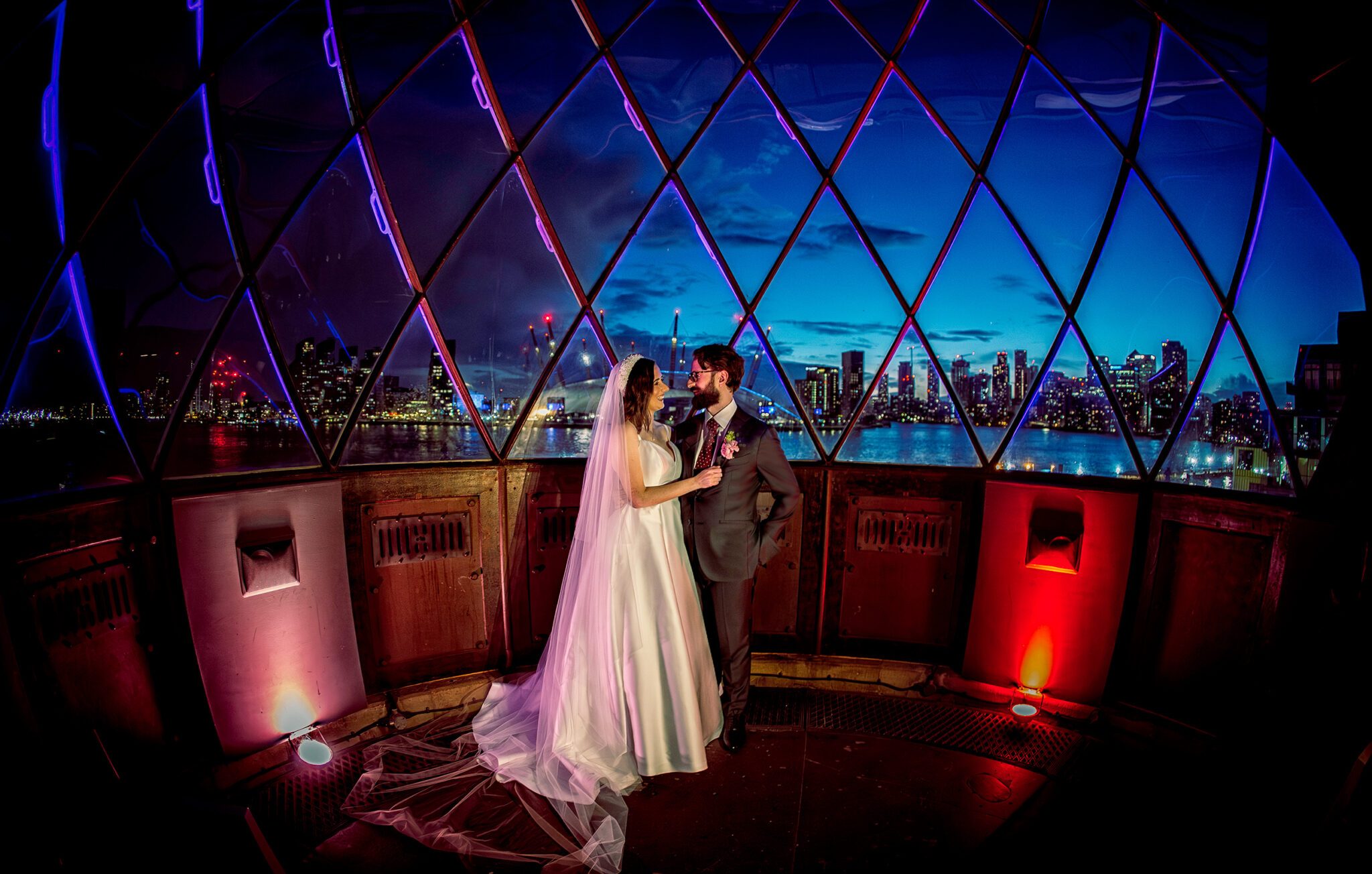 Trinity Buoy Wharf wedding couple in lighthouse at night 1