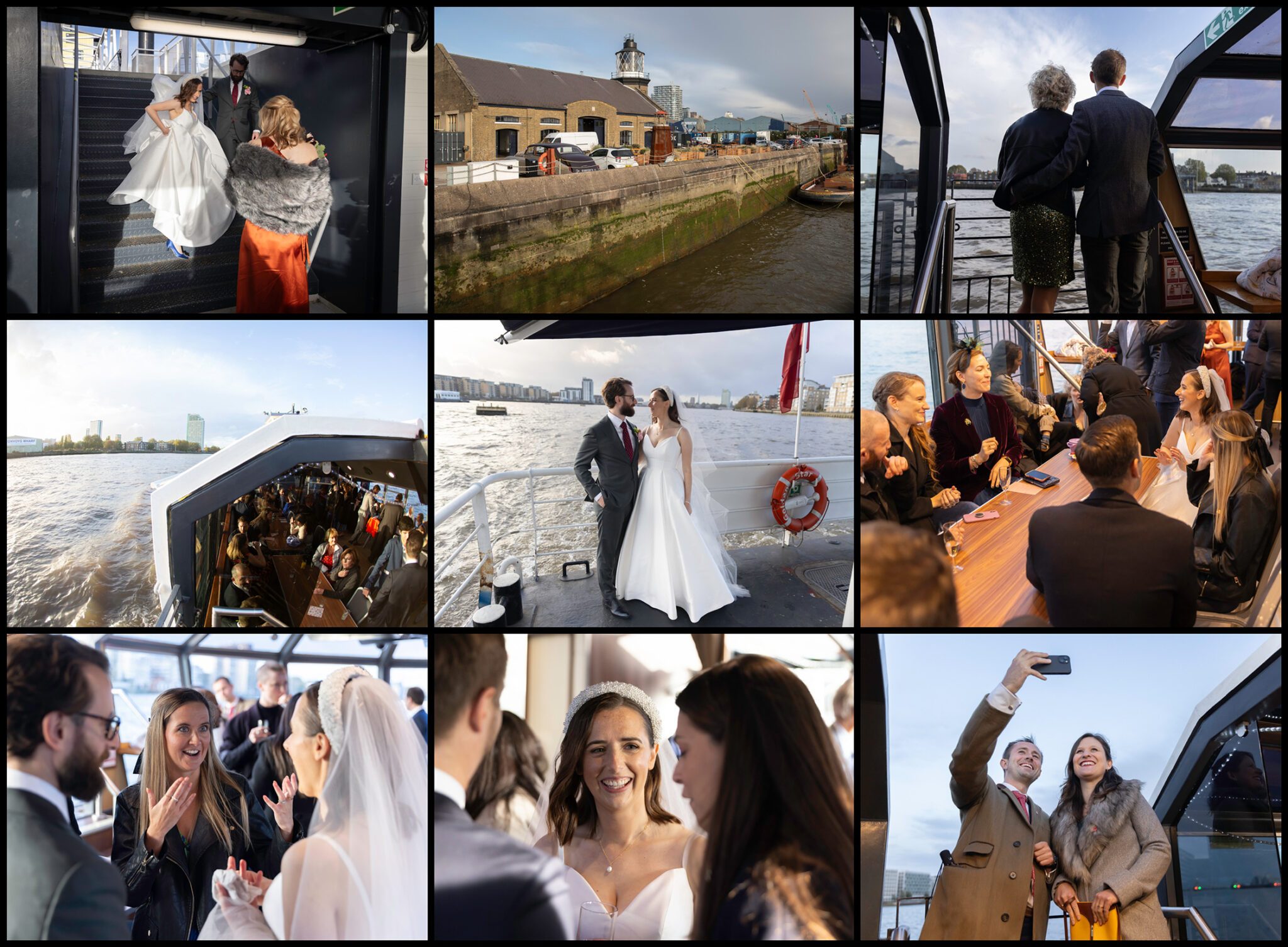 Trinity Buoy Wharf wedding Thames cruise collage