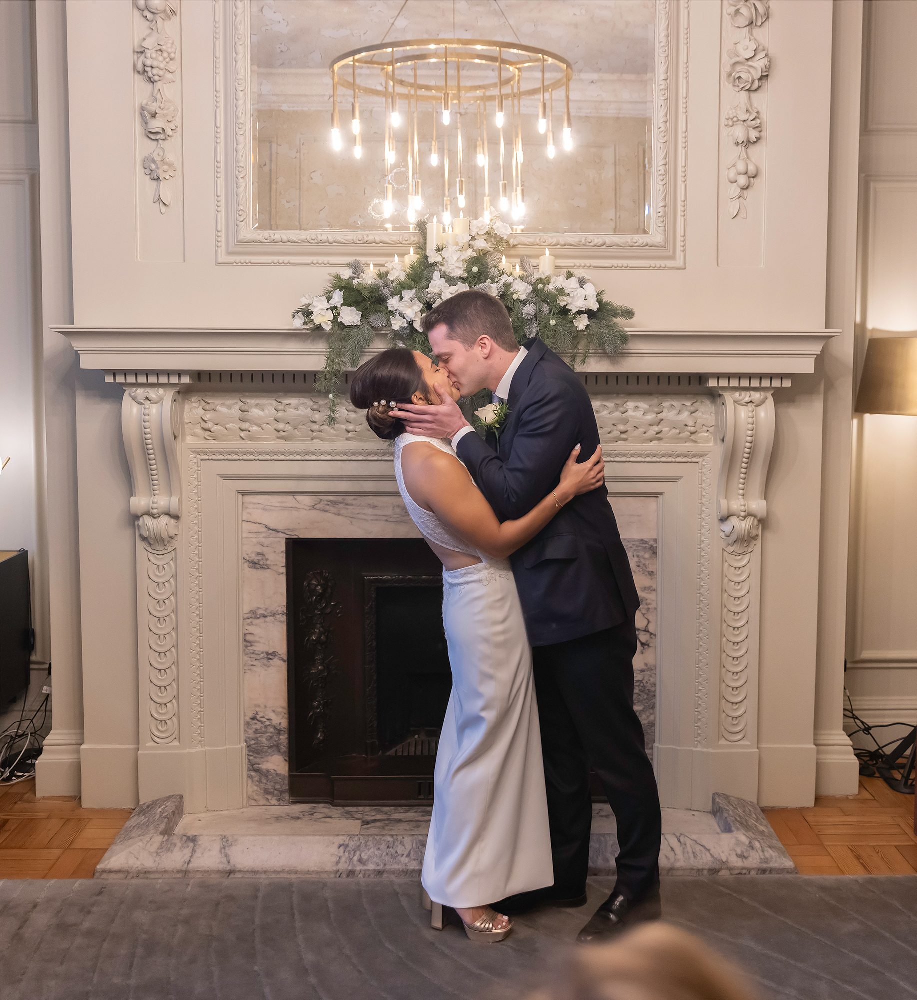 First kiss at Old Marylebone Town Hall wedding ceremony