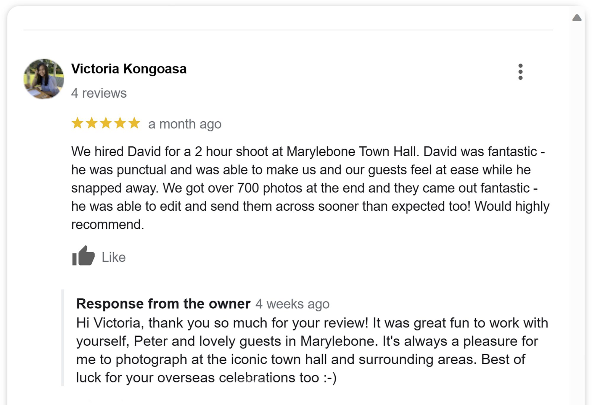 Old Marylebone Town Hall wedding review from Google